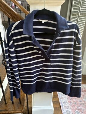Madewell Navy and White Striped Polo Sweater